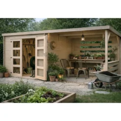Casetta in Legno da Giardino 632×298 cm Doppia Porta a Vetri Portico