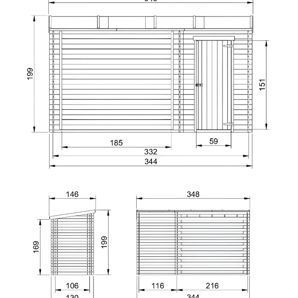 Casetta in Legno Grezzo 344x130 cm con Tetto Bitumato Legnaia Esterna