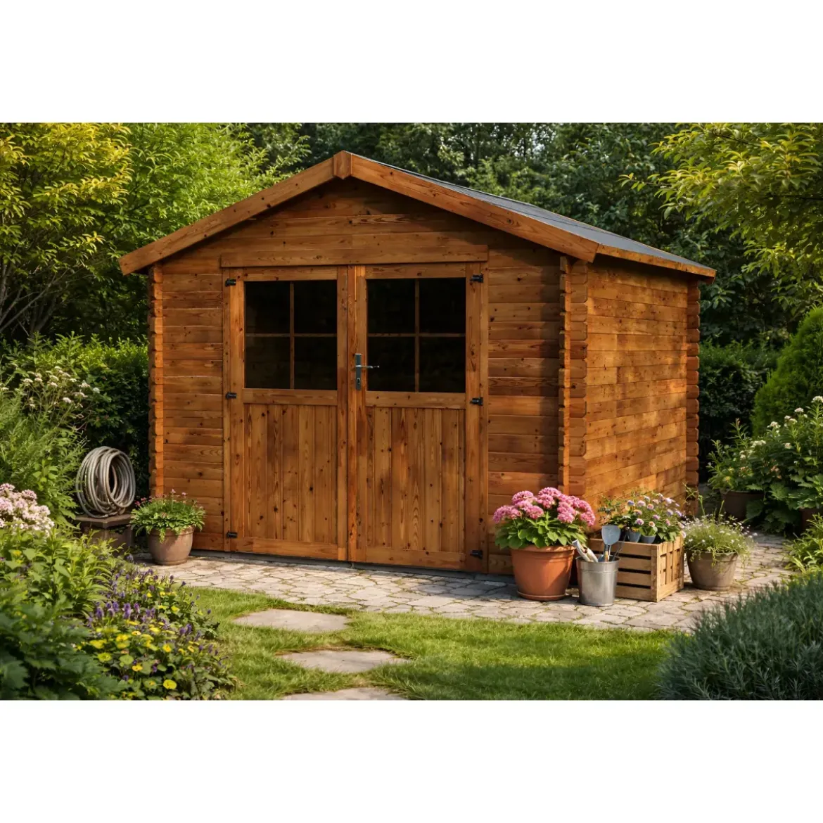 Casetta in Legno 34mm Trattato da Giardino 3x3 Doppia Porta Vetrata