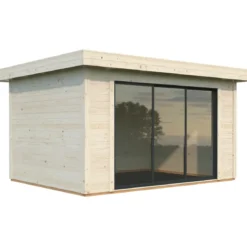 Casetta in Legno Naturale 28 mm 385x291 cm Porta Scorrevole in Vetro