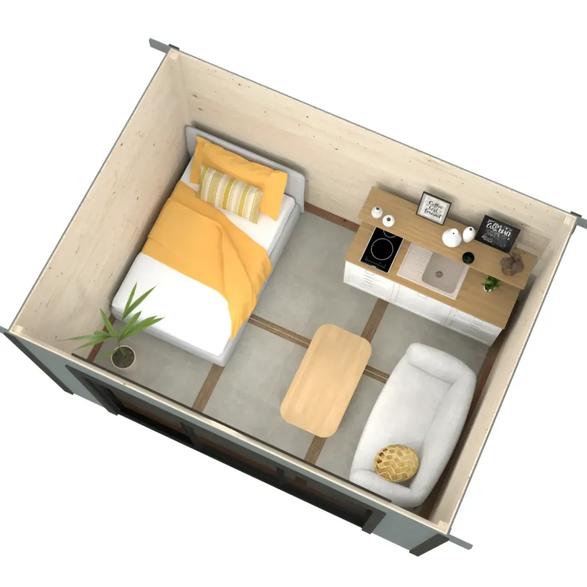 Casetta in Legno Naturale 28 mm 385x291 cm Porta Scorrevole in Vetro