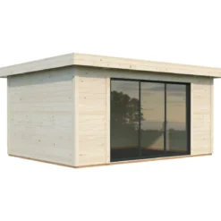 Casetta in Legno Naturale 28 mm 450x330 cm Porta Scorrevole in Vetro
