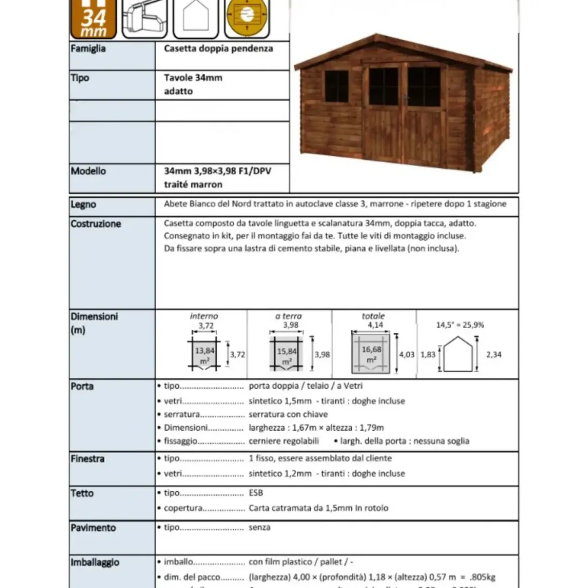 Casetta in Legno Trattato 34mm da Giardino 4x4 Doppia Porta Block-House