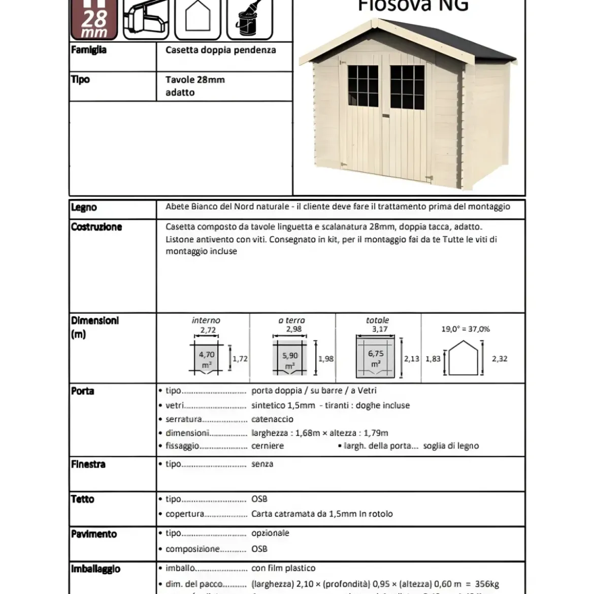 Casetta in Legno 3x2 mt Block House 28 mm Moderna Porta Attrezzi da Giardino