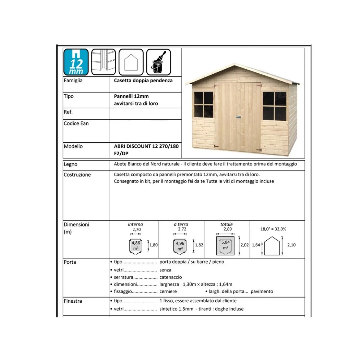 Casetta in Legno 272x182 Porta 2 Finestre da Giardino Attrezzi 12 mm Pavimento