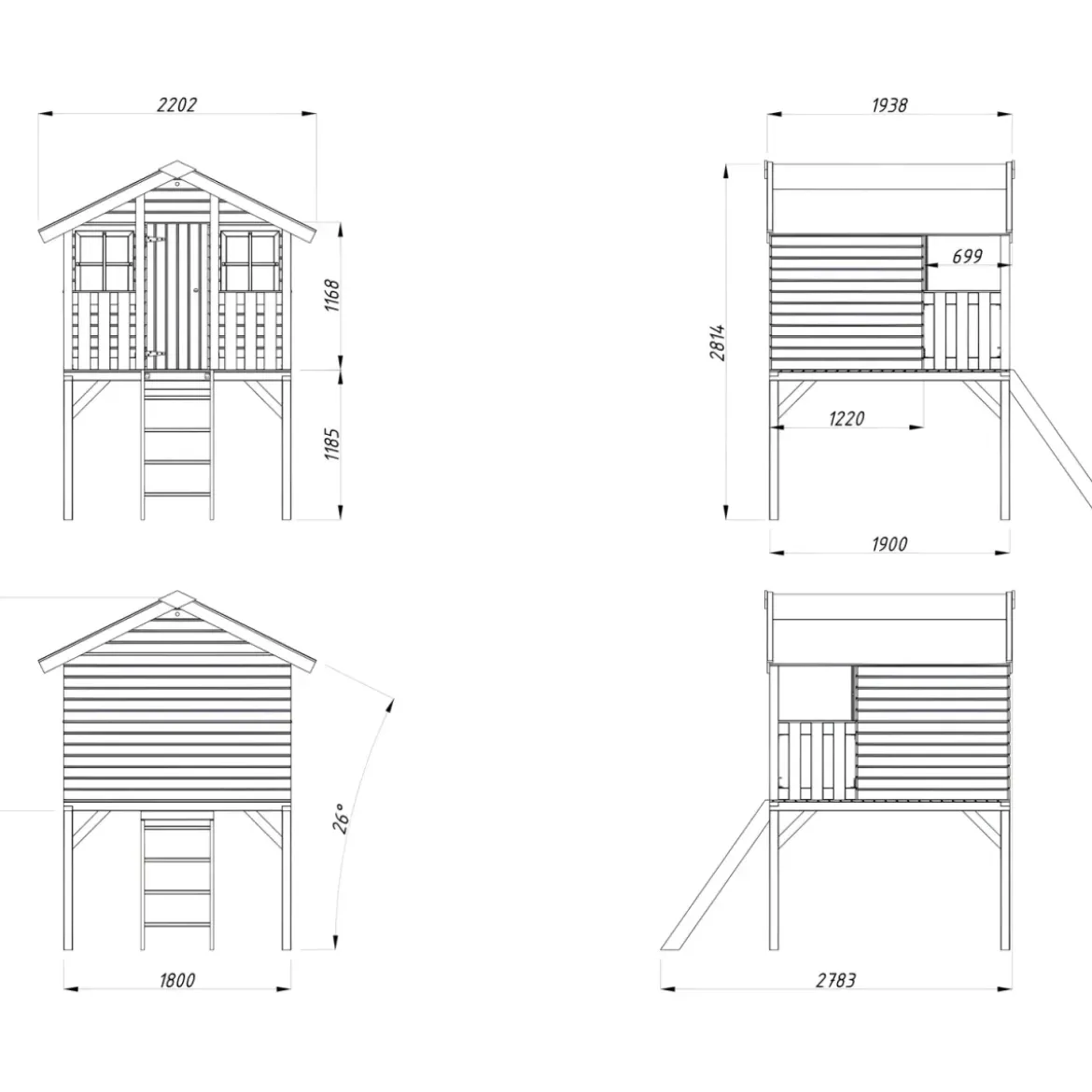 Casetta per Bambini in Legno Rialzata 180x192cm da Esterno Scalette