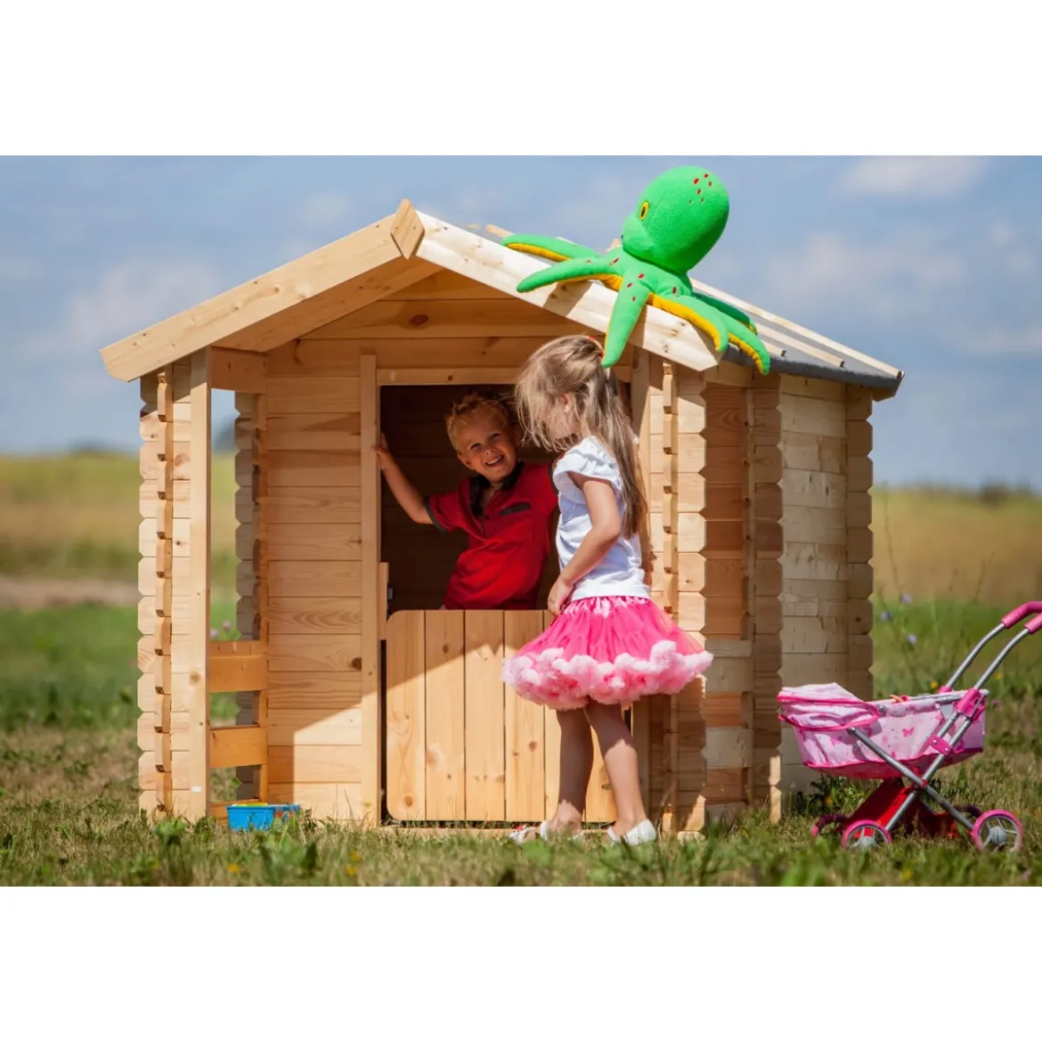 Casetta Timbela per Bambini in Legno con Veranda da Esterno e Giardino