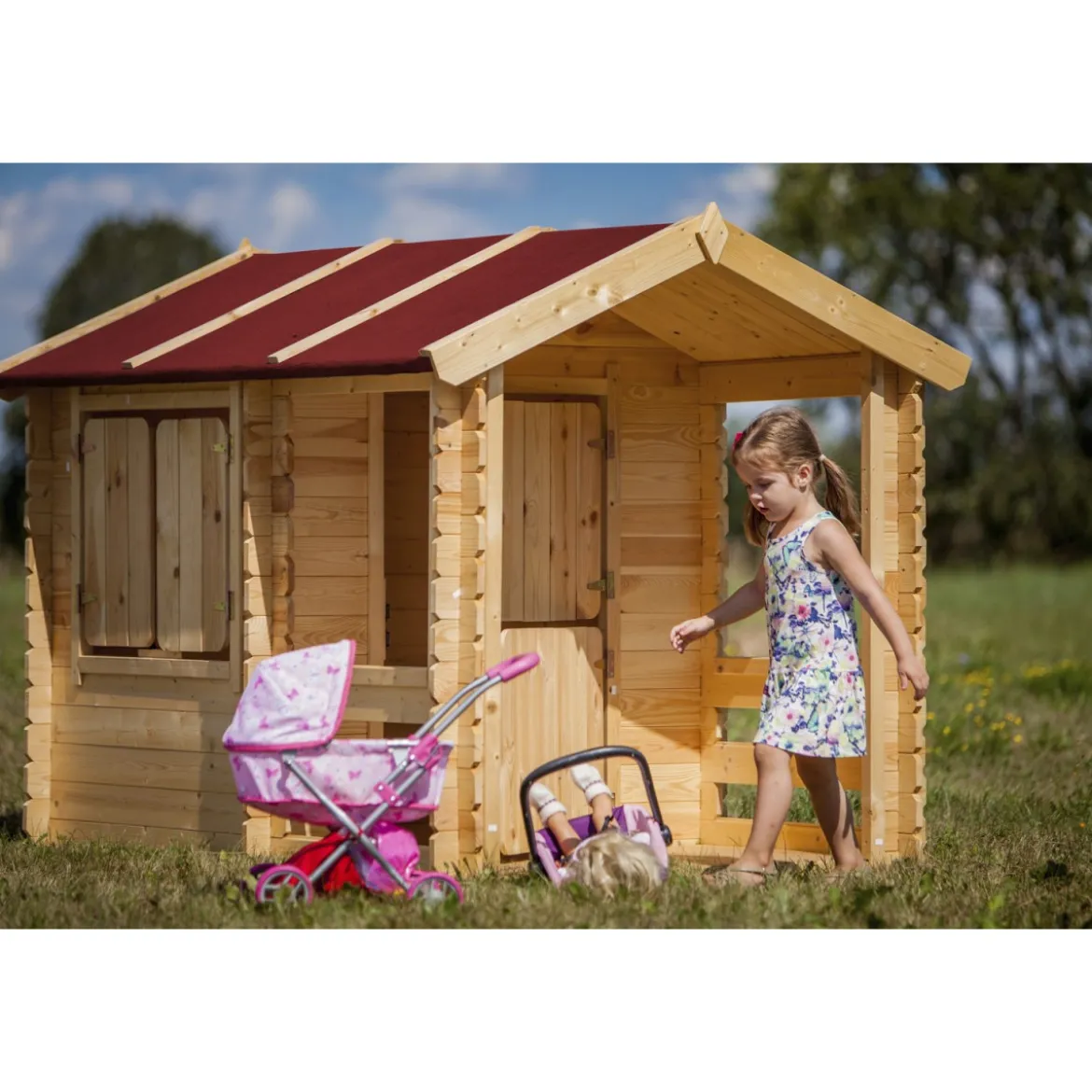 Casetta Timbela per Bambini in Legno con Veranda da Esterno e Giardino