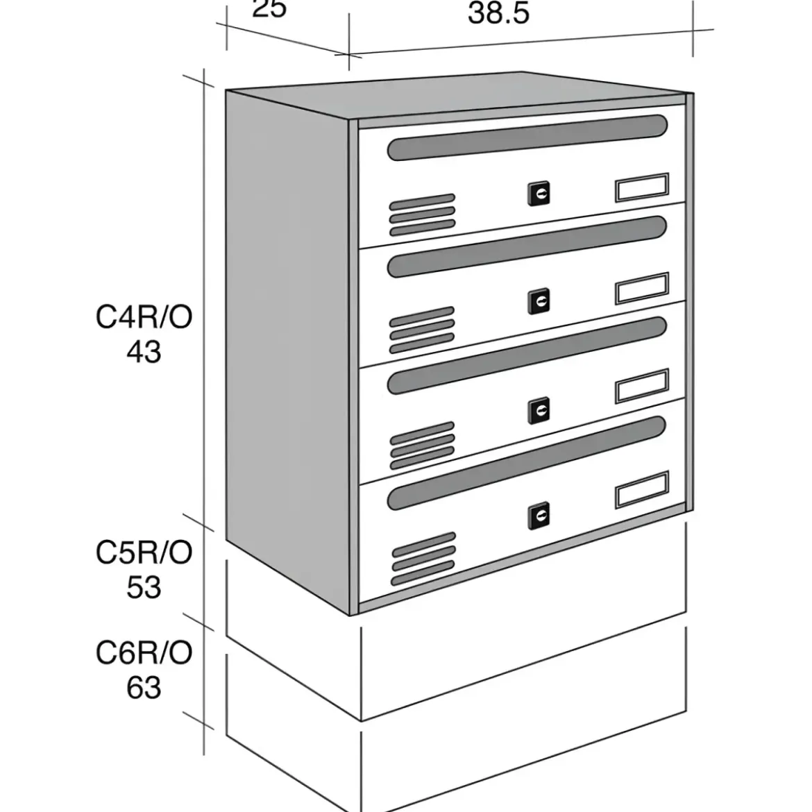 Cassetta Postale 4 Moduli Orizzontali da Interno Grigio Formato Rivista