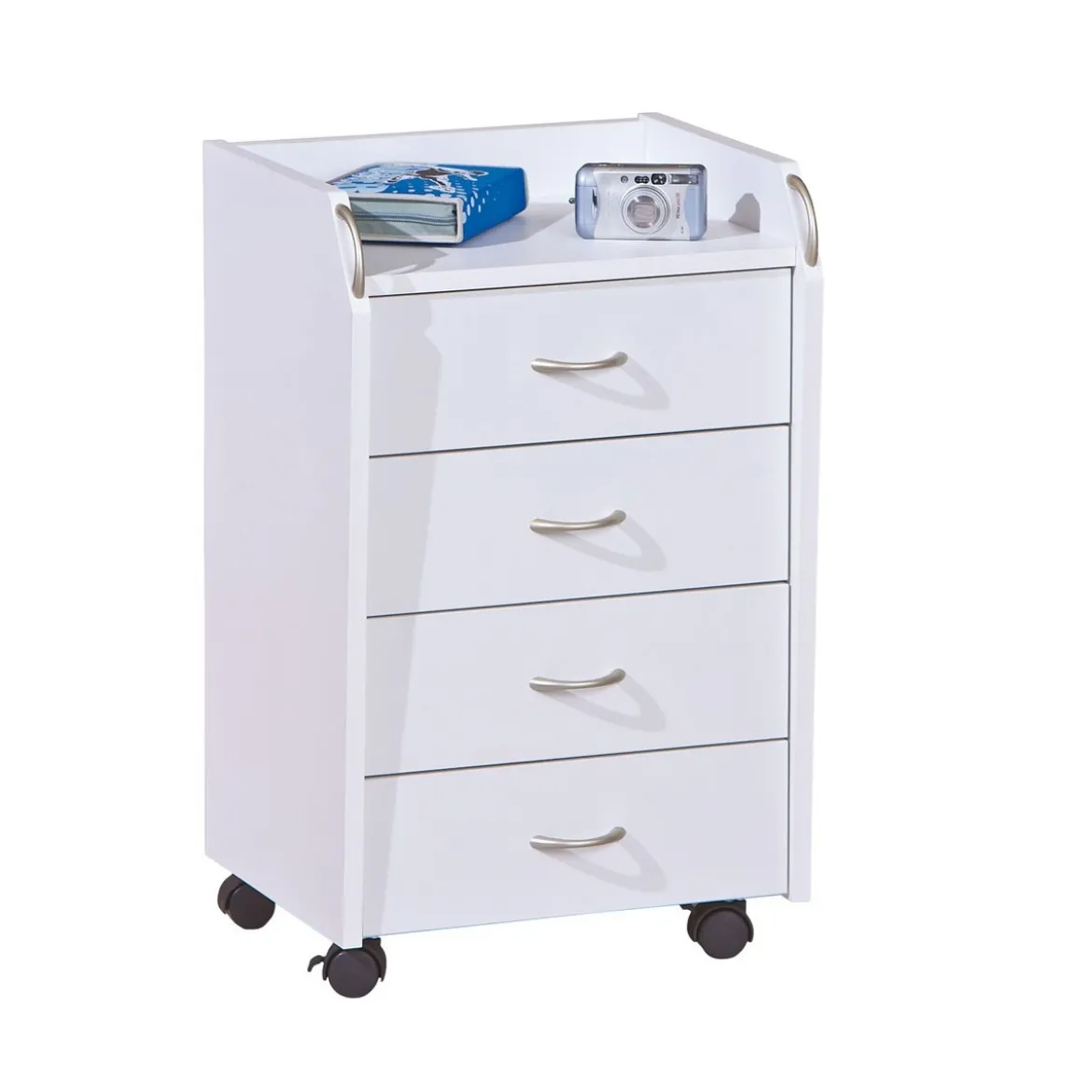 Cassettiera 4 Cassetti Bianco con Ruote da Scrivania Comodino Ufficio Cameretta