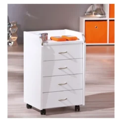 Cassettiera 4 Cassetti Bianco con Ruote da Scrivania Comodino Ufficio Cameretta