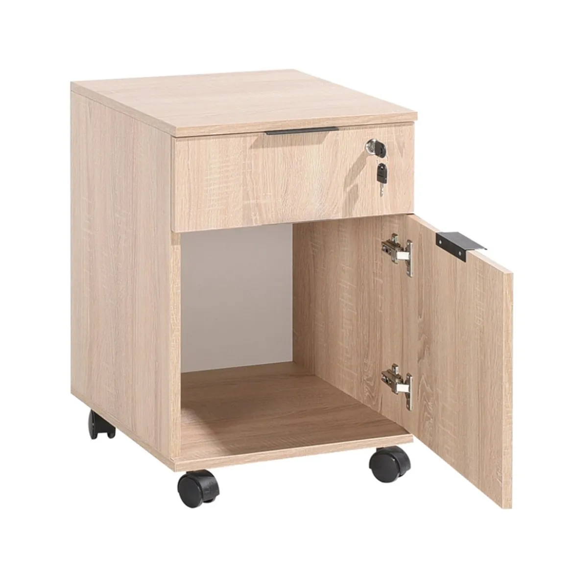 Cassettiera Cassetto con Chiave Ruote Rovere Legno per Ufficio Scrivania Tavolo