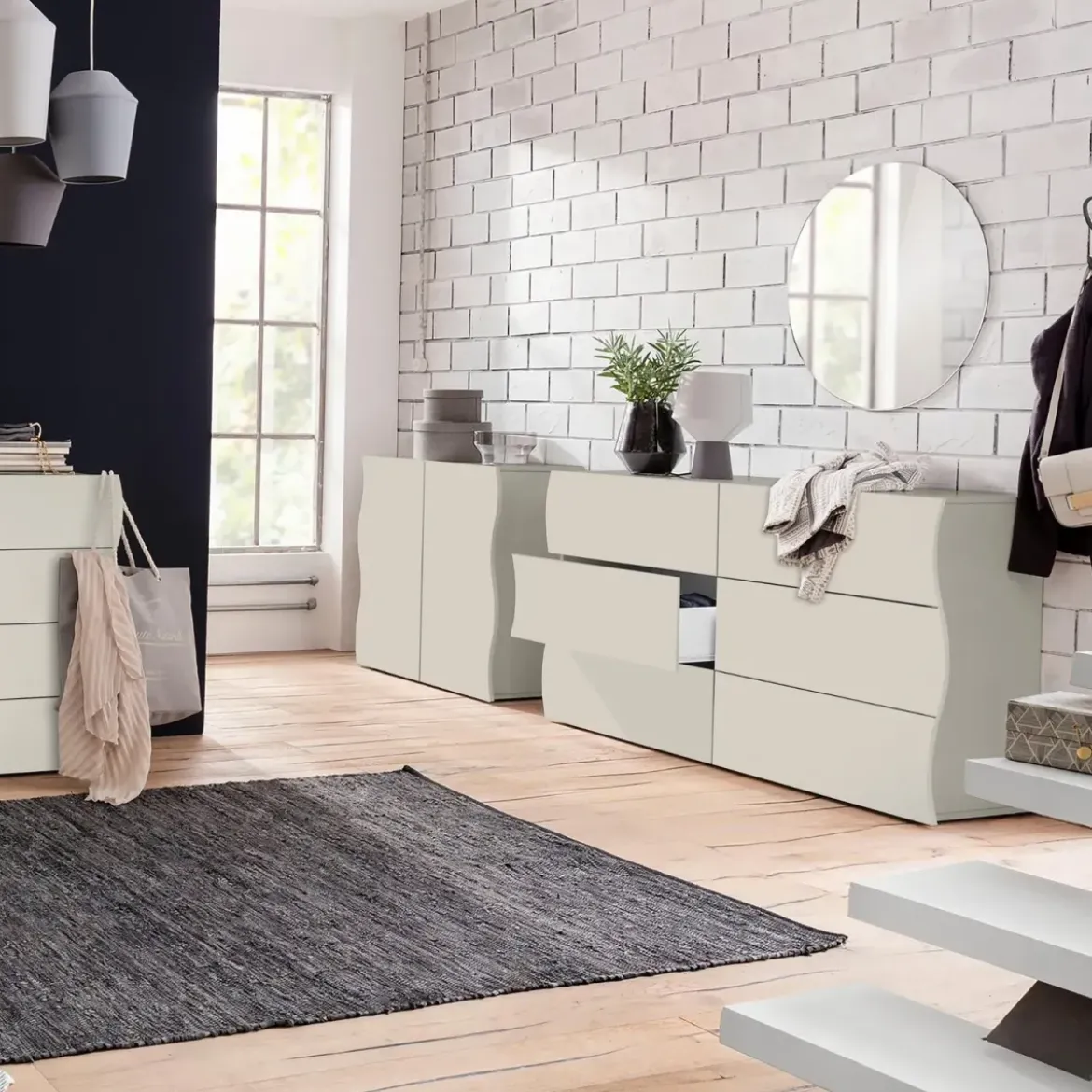 Cassettiera Madia 6 Cassetti 150 cm Legno Beige Cachemire Soggiorno