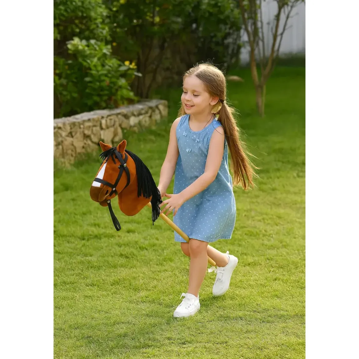 Cavallo con Bastone 80 cm Bambini Hobby Horse Suoni Criniera Intrecciata