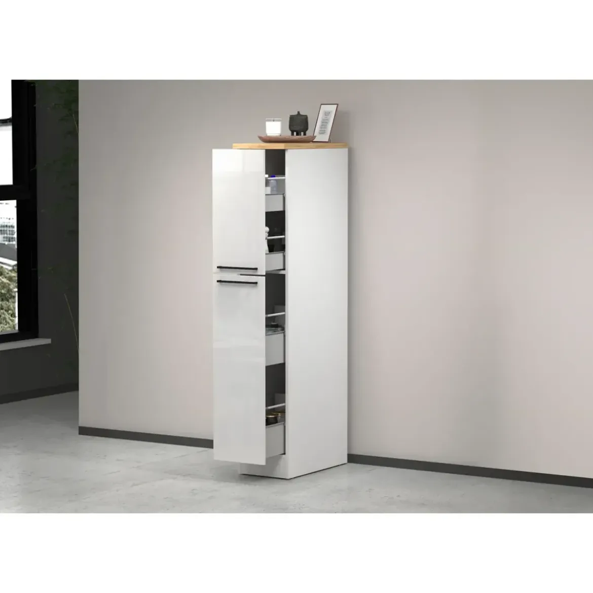 Colonna Portaspezie Bianco Lucido Rovere 2 Cassetti Soft Close Legno
