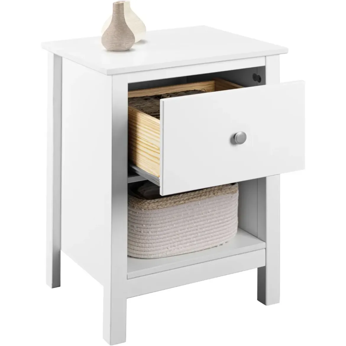 Comodino Camera da Letto con Cassetto Vano Portaoggetti Legno Bianco