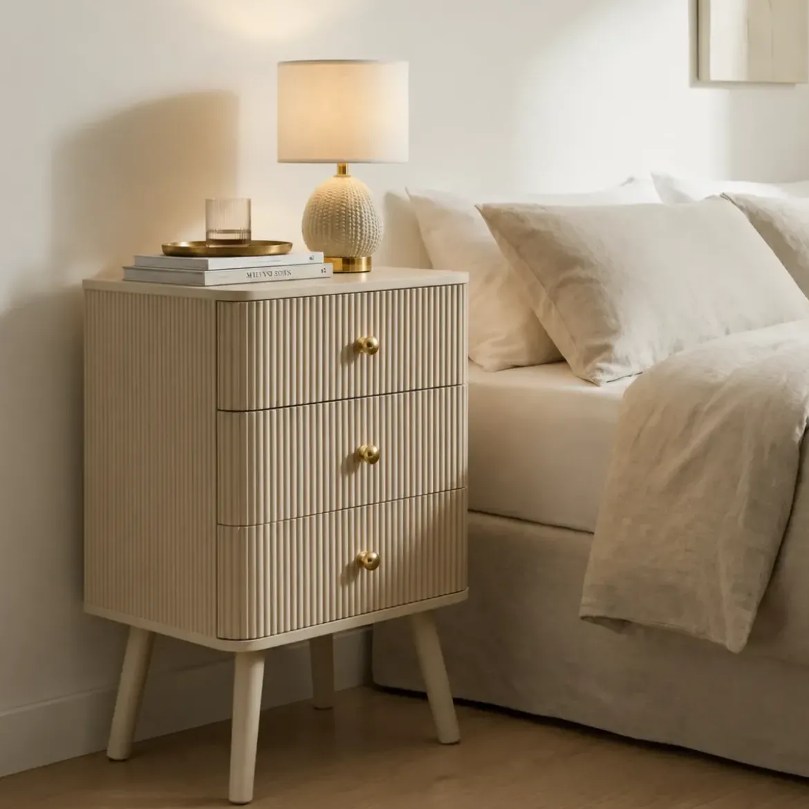Comodino 3 Cassetti Bianco Pomelli Oro in Legno MDF Camera da Letto