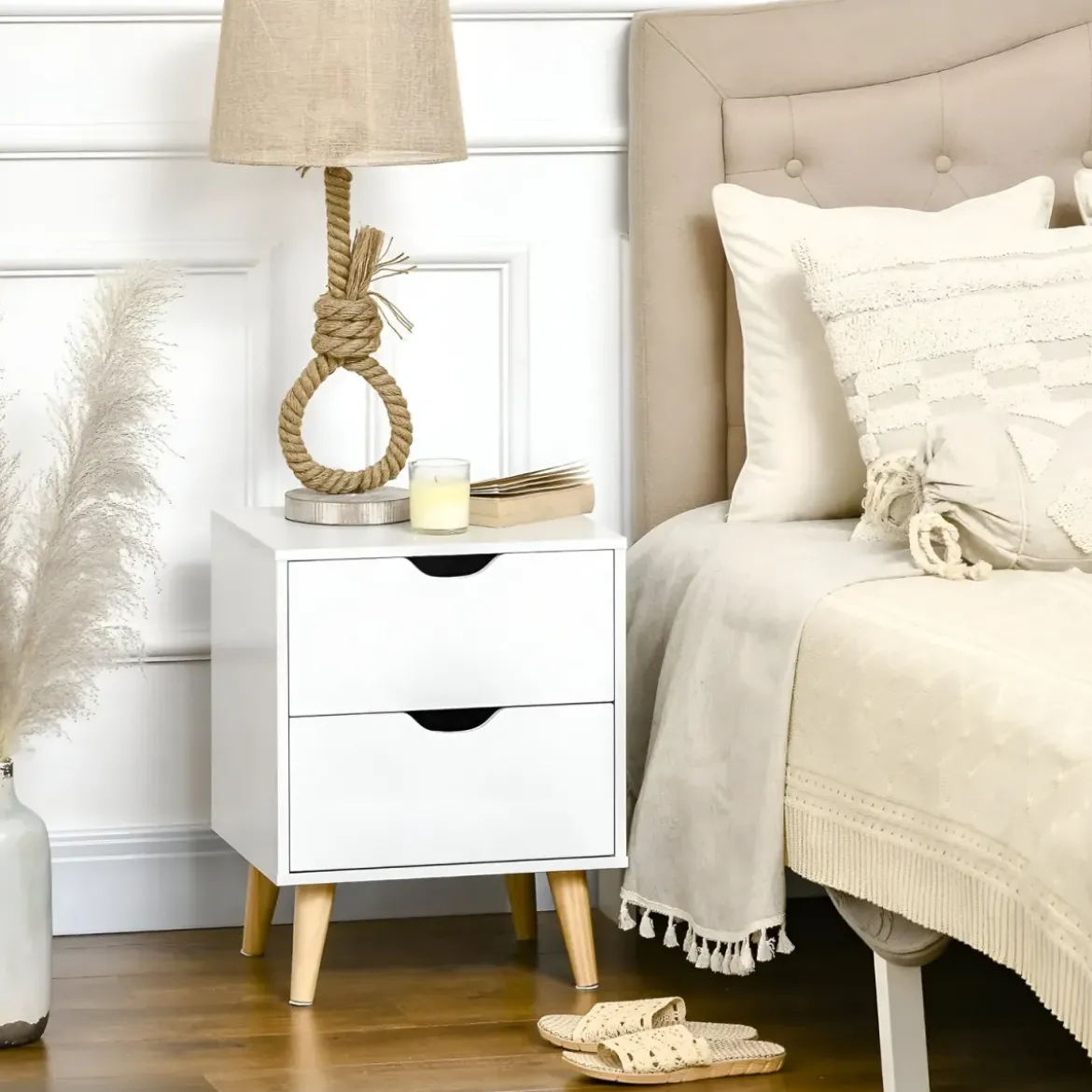 Comodino 2 Cassetti Gambe in Legno Bianco Moderno Camera da Letto
