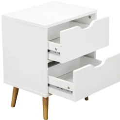 Comodino 2 Cassetti Gambe in Legno Bianco Moderno Camera da Letto