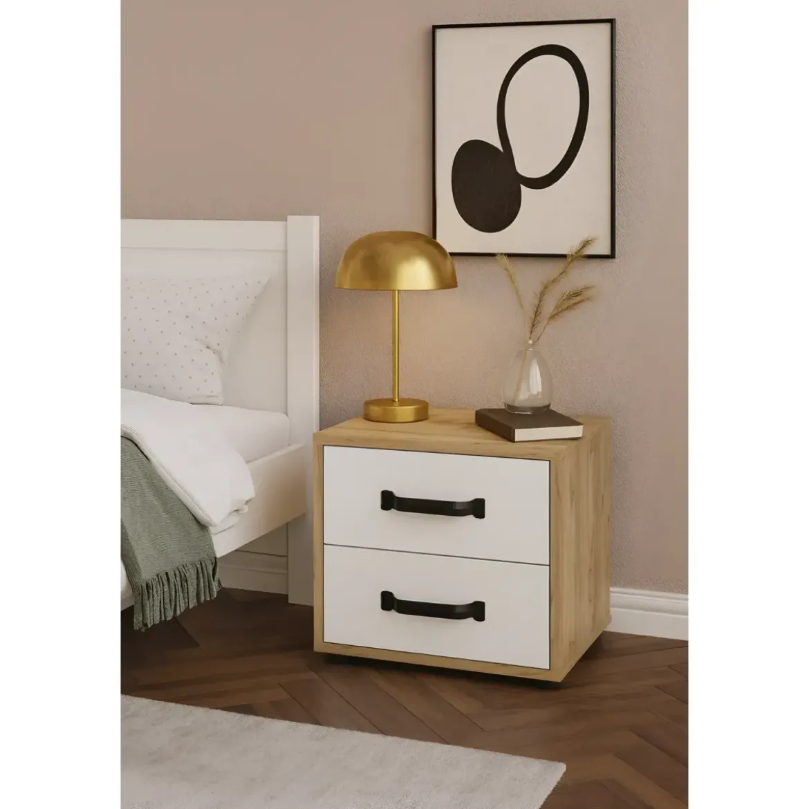 Comodino Rovere e Bianco 2 Cassetti con Maniglie Nere 44x32x41 cm