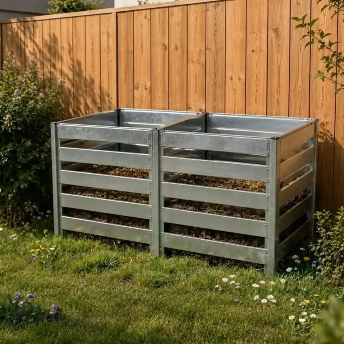 Compostiera Doppia da Giardino 1408L in Acciaio Zincato 182x91x85cm