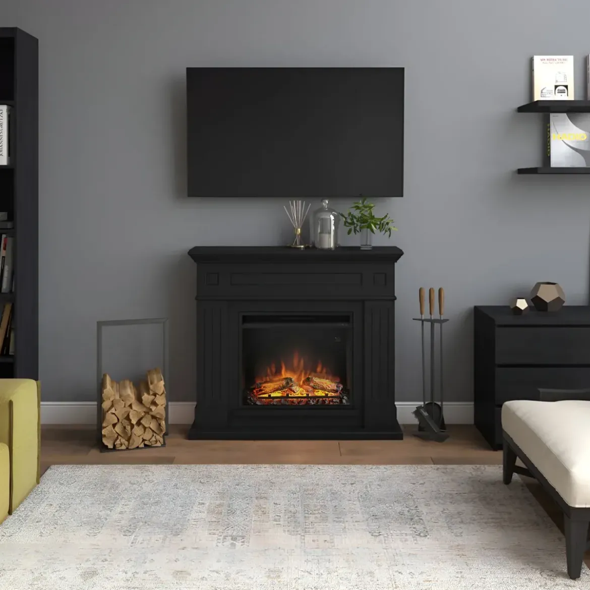 Cornice Finto Camino Nero da Arredamento in Legno MDF Tagu Larsen