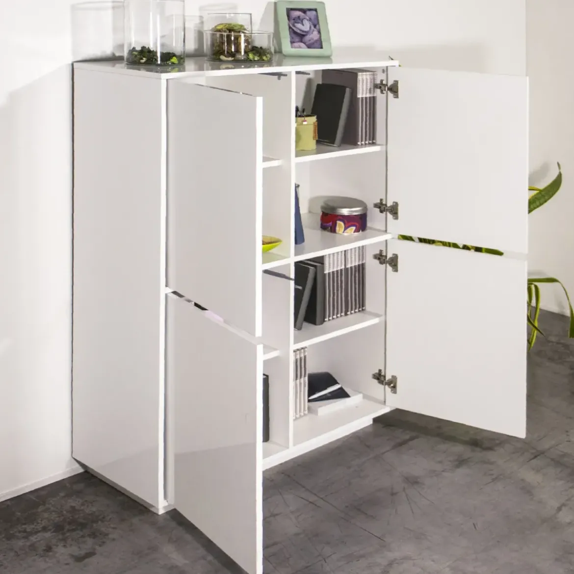 Credenza Alta da Soggiorno 100 cm Bianco Laccato Lucido 4 Ante 6 Vani