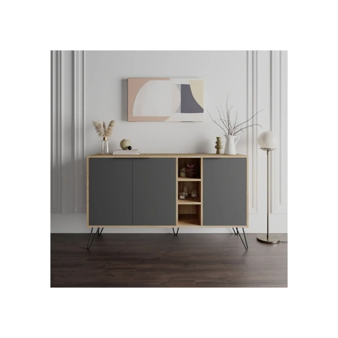 Credenza 3 Ante Antracite e Rovere Mobile Piattaia con Ripiani Soggiorno Sala
