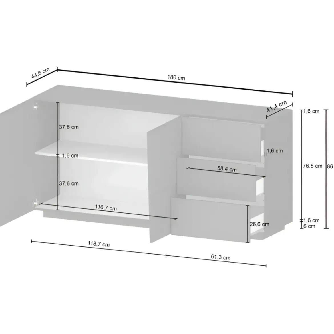 Credenza 2 Ante 3 Cassetti Madia in Legno Nobilitato Antracite Opaco