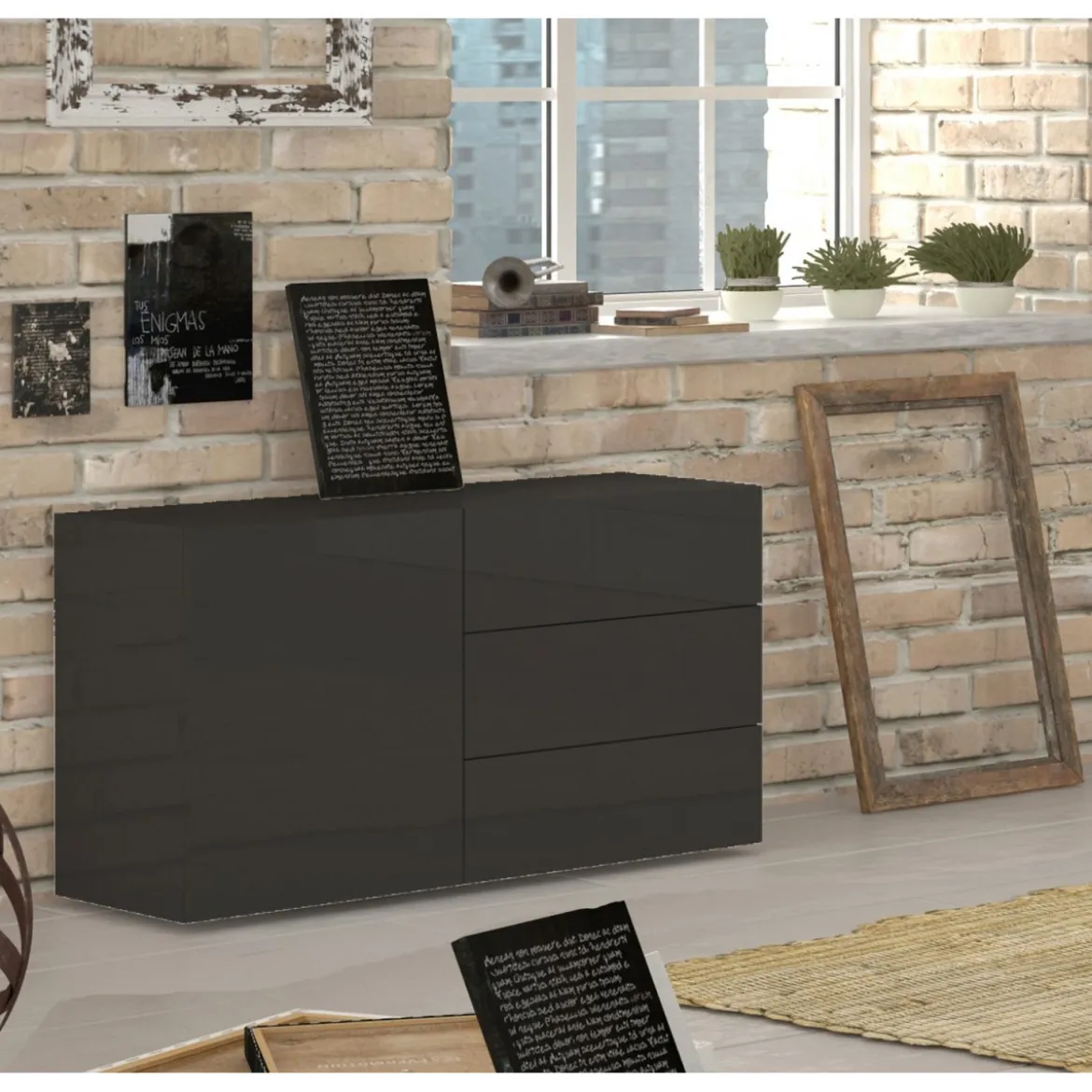 Credenza Antracite Lucida 110 cm Mobile Madia con 3 Cassetti e 1 Ante