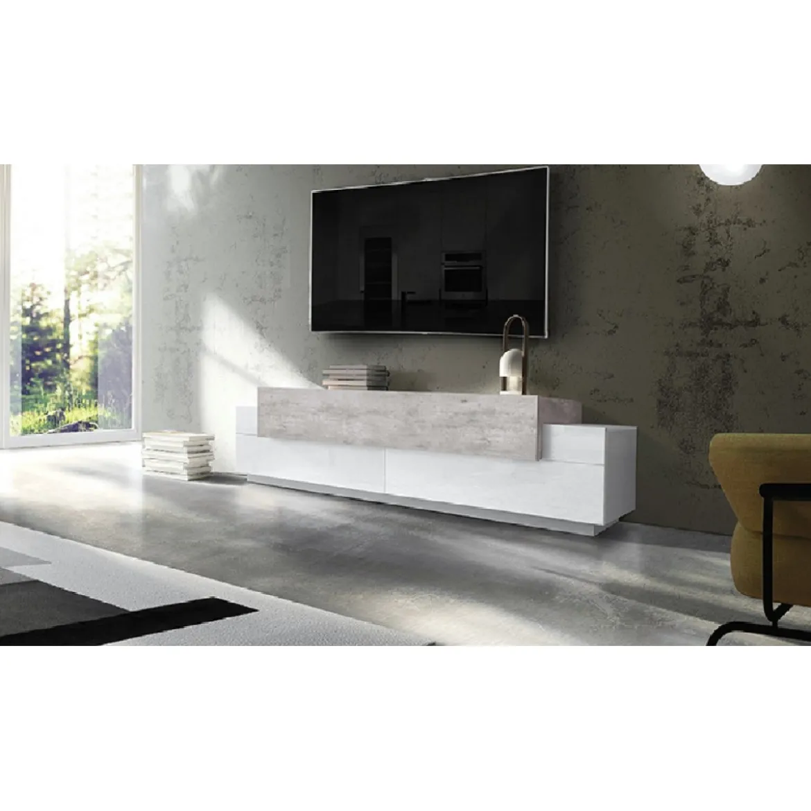 Credenza con Ante a Ribalta 200 Porta TV Bianco Cemento Basso Soggiorno