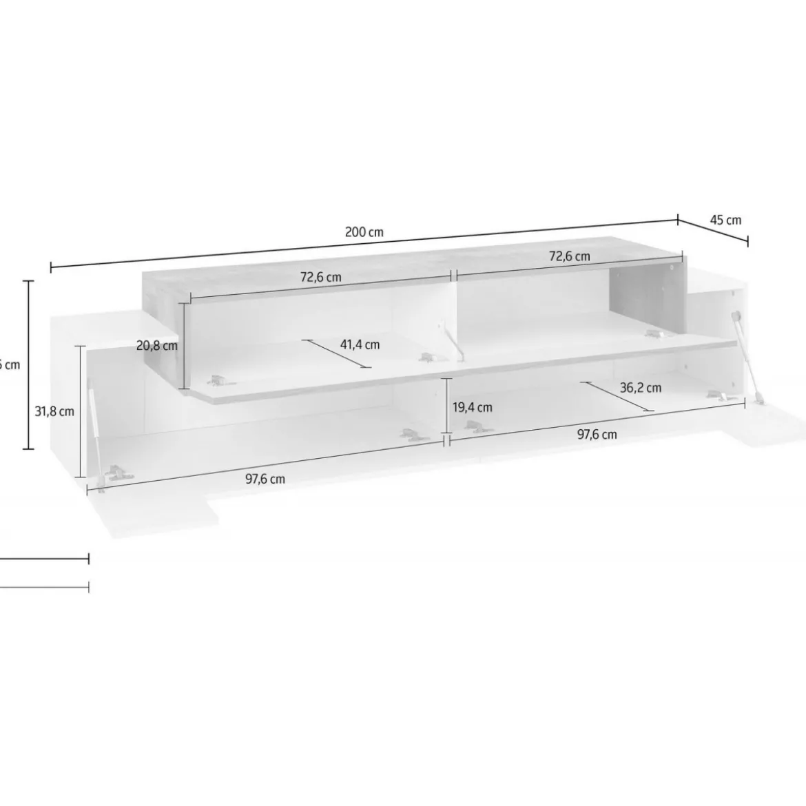 Credenza con Ante a Ribalta 200 Porta TV Bianco Cemento Basso Soggiorno