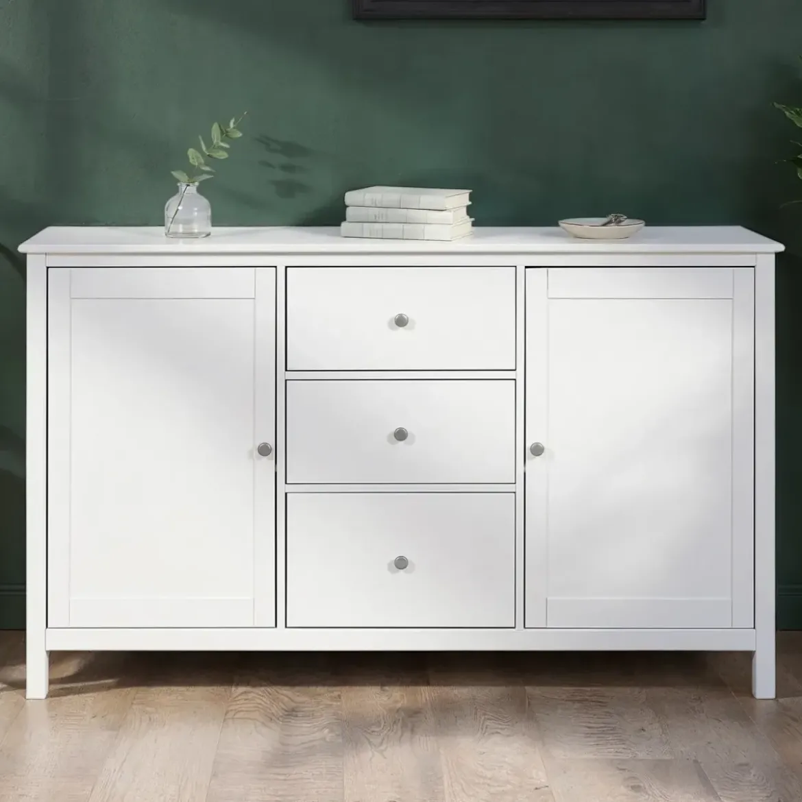 Credenza da Cucina 3 Cassetti 2 Ante in Legno Bianco Madia Moderna