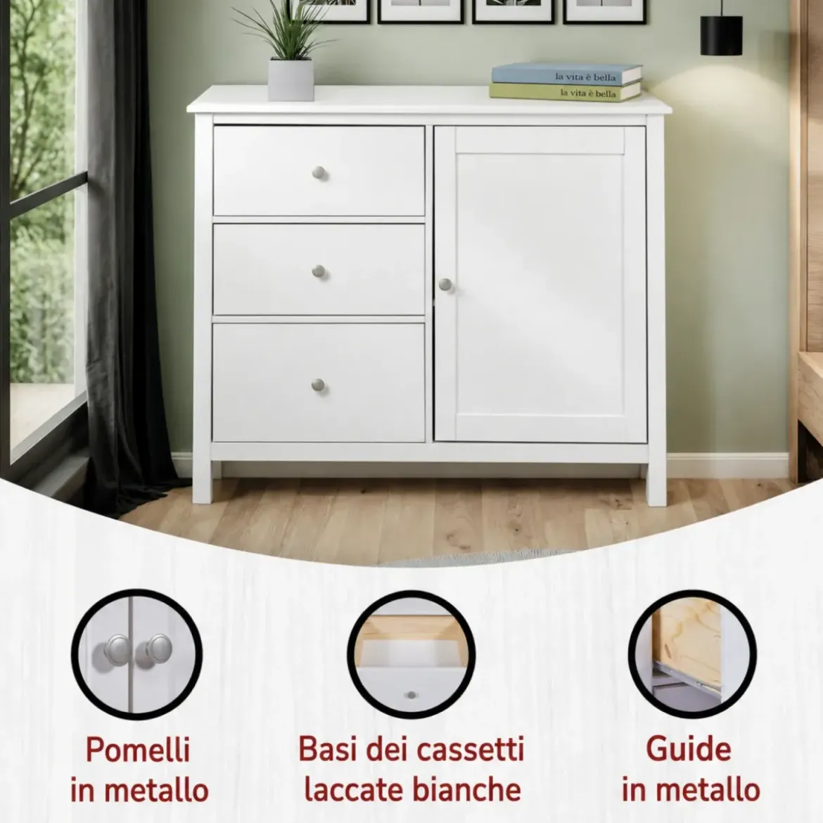 Credenza da Cucina 3 Cassetti 1 Anta in Legno Bianco Madia Moderna