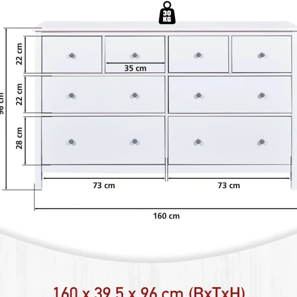 Credenza da Cucina Cassettiera 8 Cassetti in Legno Bianco Moderna