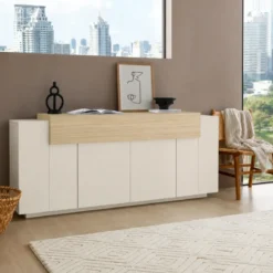 Credenza da Cucina Soggiorno Beige Rovere 5 Ante Battenti Ribalta