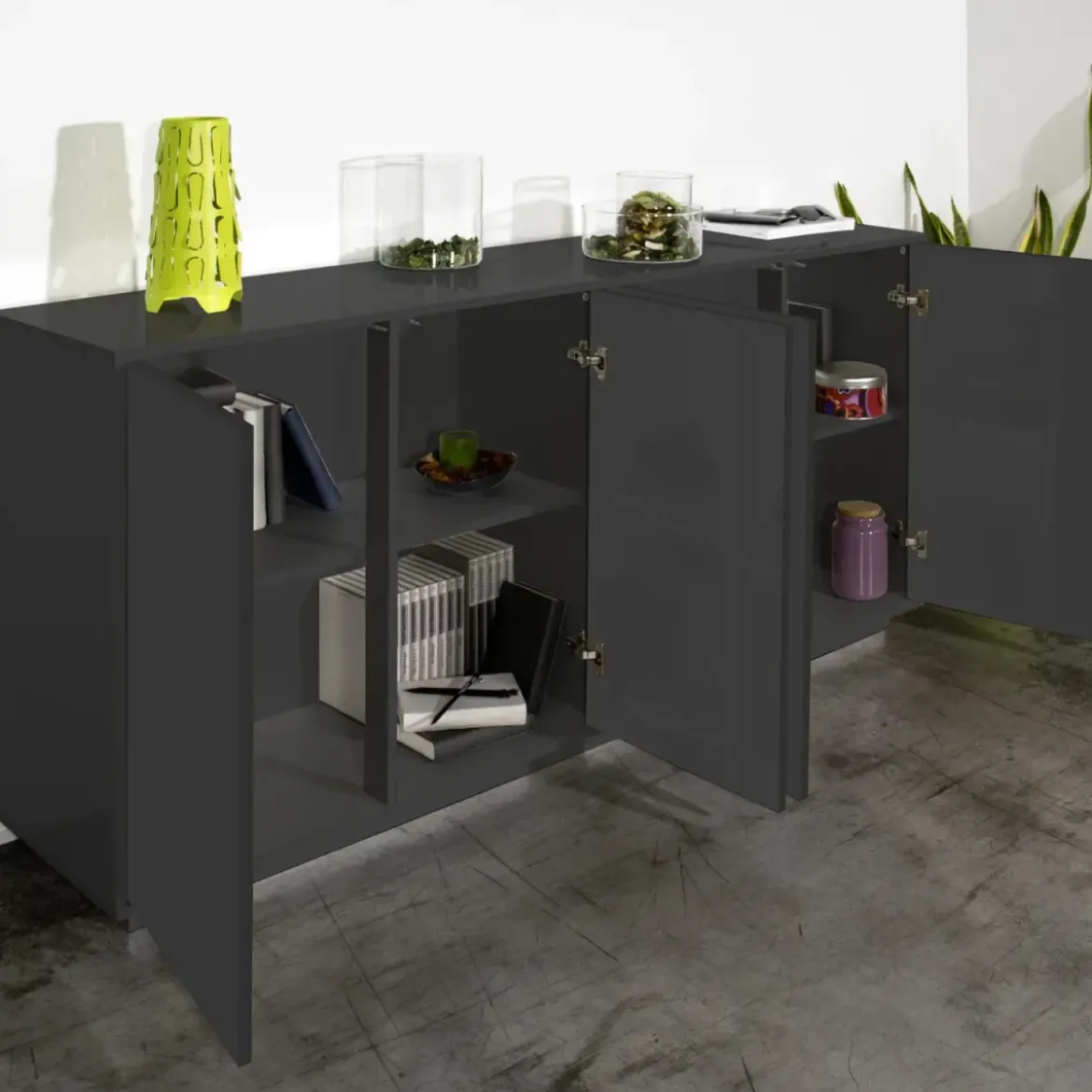 Credenza da Soggiorno 180 cm Antracite Laccato 4 Ante Push to Open