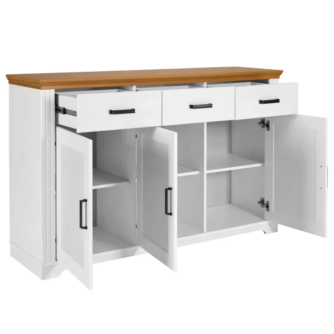 Credenza da Soggiorno in Legno Massello Bianco Rovere 3 Ante 3 Cassetti