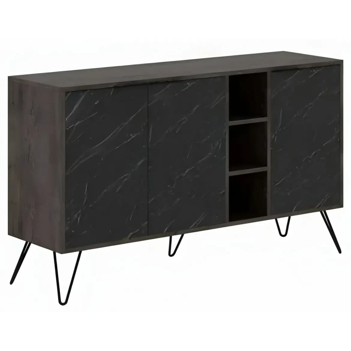 Credenza Madia 3 Ante con Nicchie Effetto Marmo Nero per Soggiorno