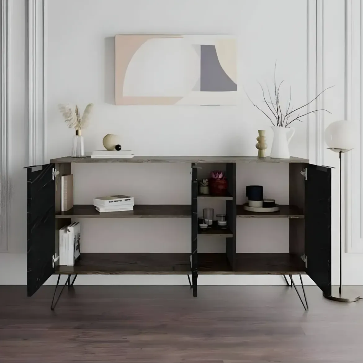 Credenza Madia 3 Ante con Nicchie Effetto Marmo Nero per Soggiorno
