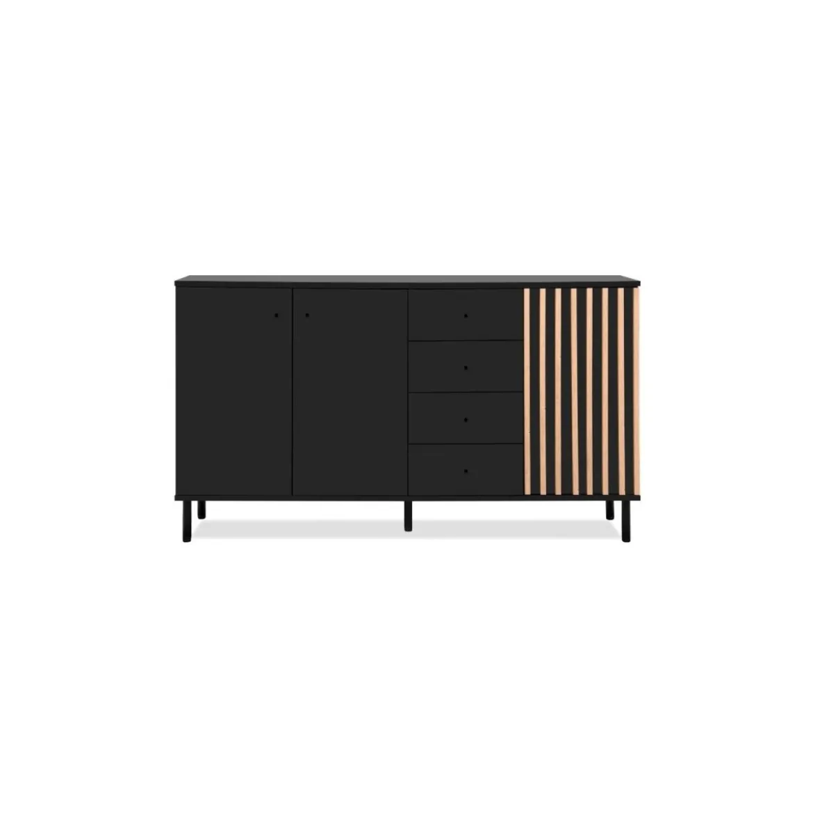 Credenza Madia 3 Ante e 4 Cassetti Nero con listelli Rovere