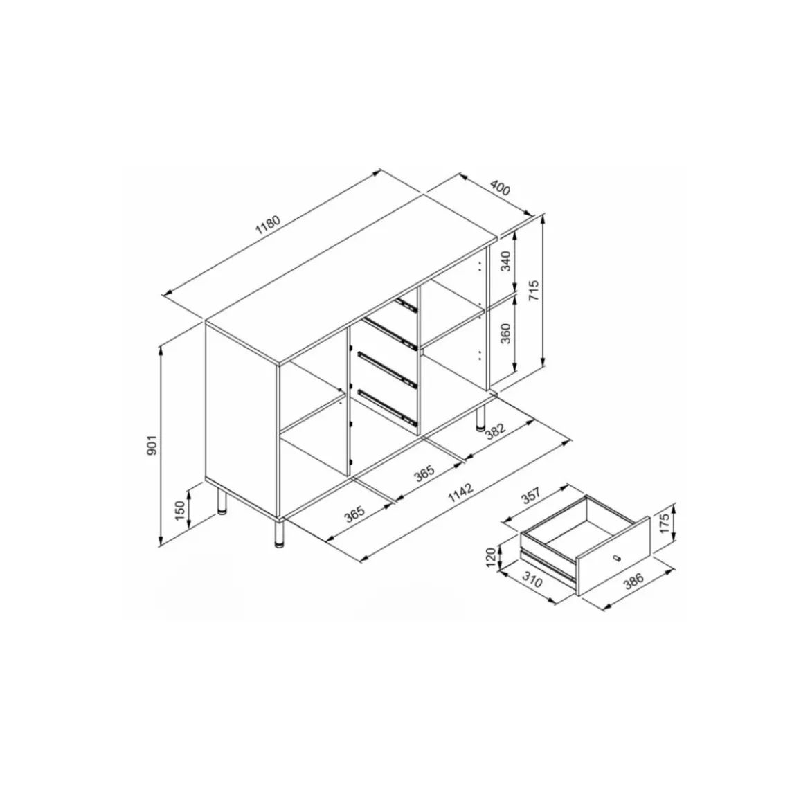 Credenza Madia 2 Ante e 4 Cassetti Nero con listelli Rovere
