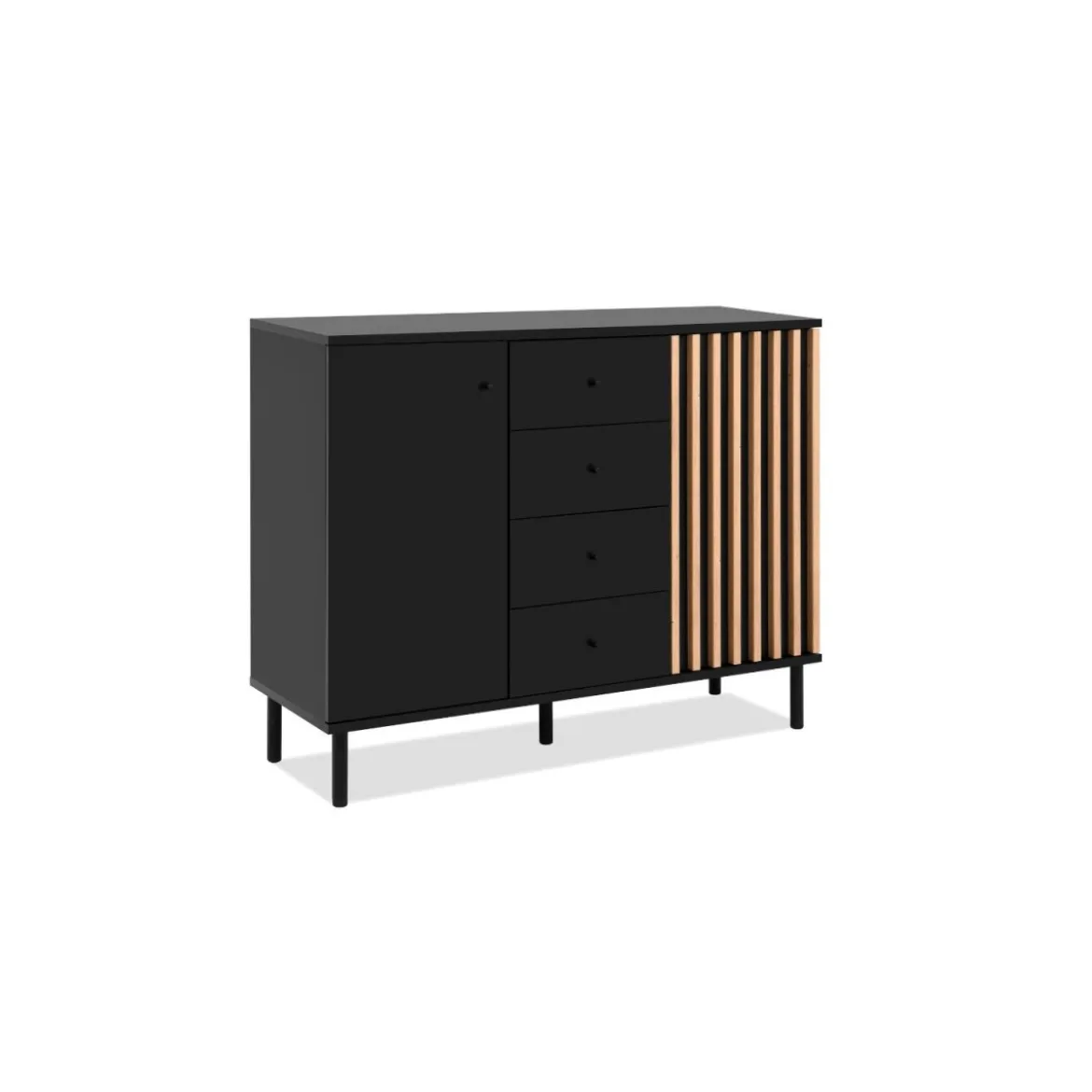 Credenza Madia 2 Ante e 4 Cassetti Nero con listelli Rovere