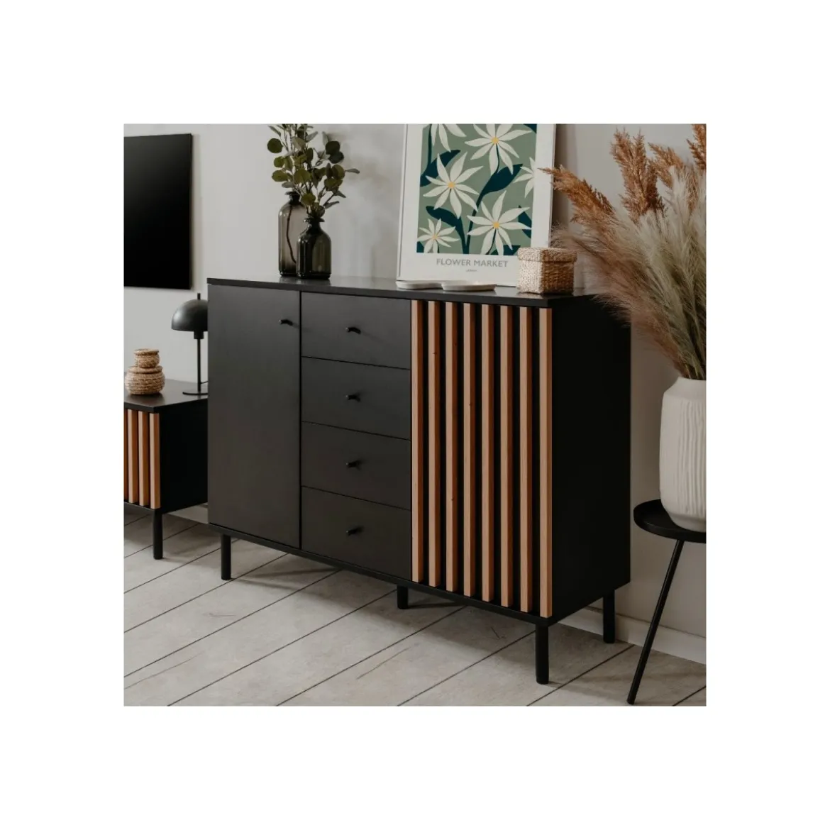 Credenza Madia 2 Ante e 4 Cassetti Nero con listelli Rovere