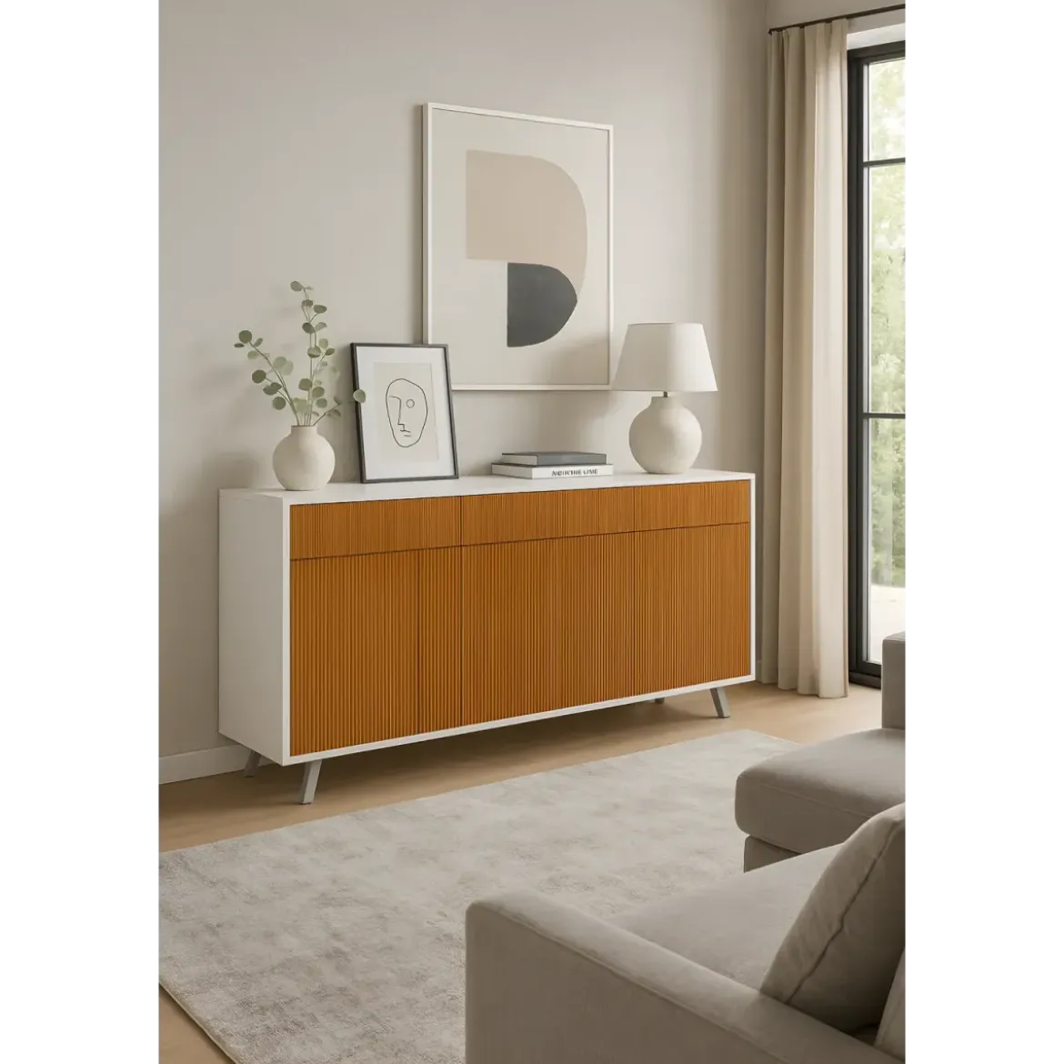 Credenza Moderna 164x41x92 cm 3 Ante 3 Cassetti Bianca e Rovere