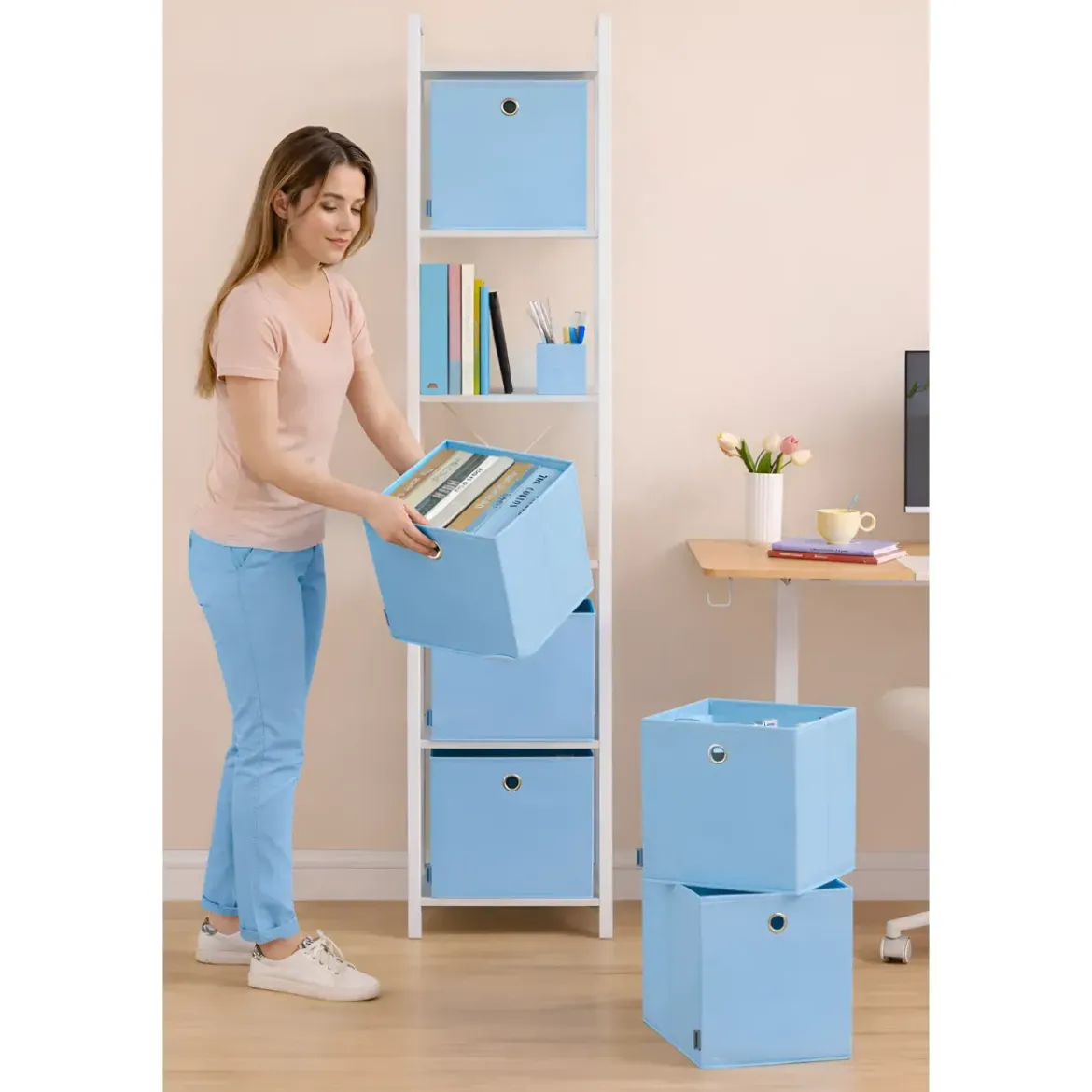 Cubo Portaoggetti Pieghevole 27x27x28 cm Salvaspazio Tessuto Azzurro