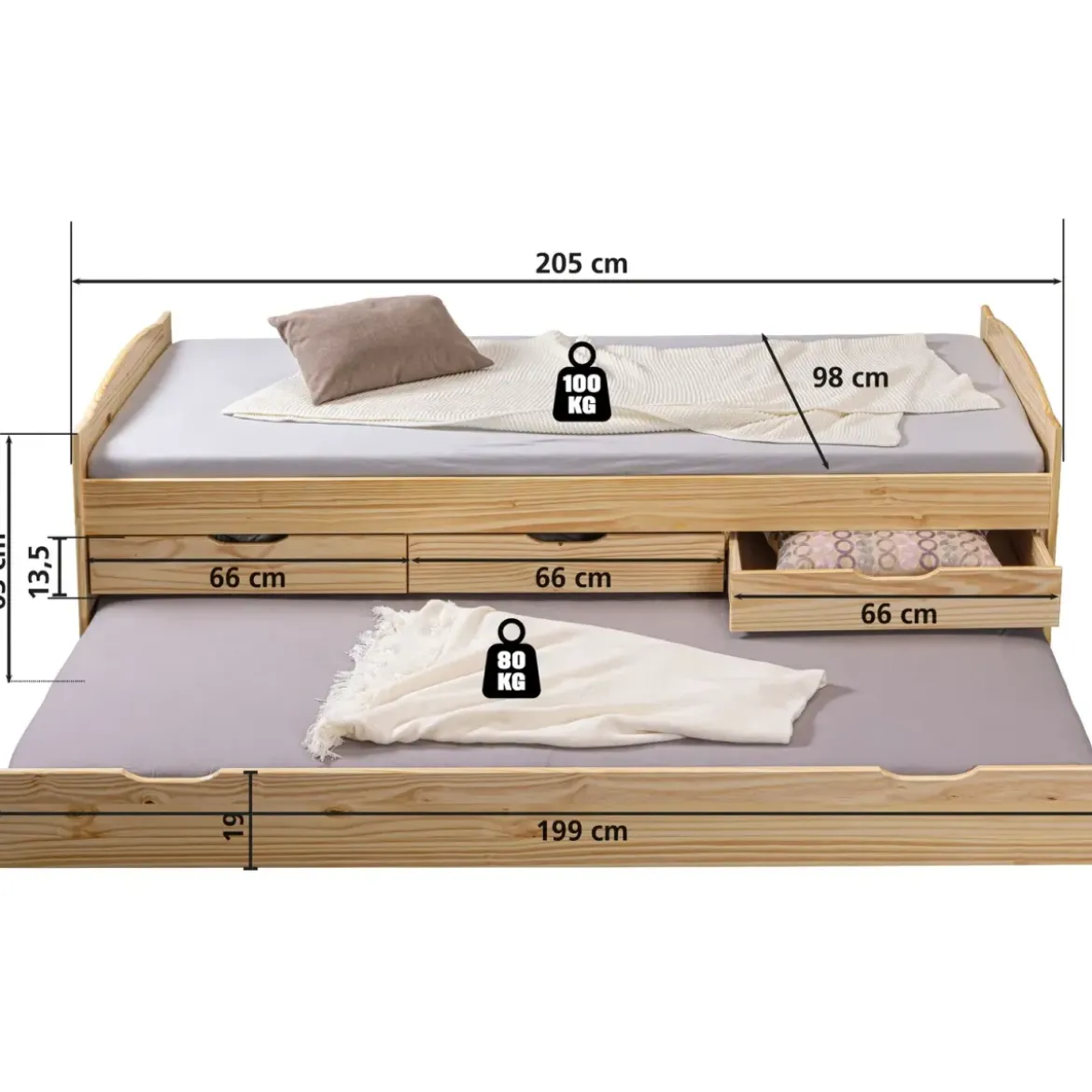 Divano Letto 2 Letti Singoli a doghe 90x200 con Cassetti Contenitore Estraibile