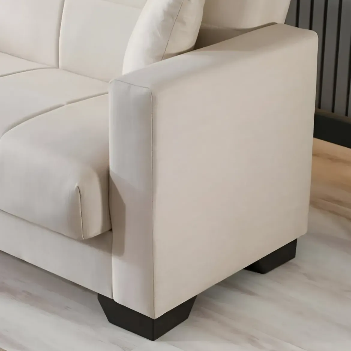 Divano Letto 3 Posti in Tessuto Crema con Contenitore 213x81x83 cm