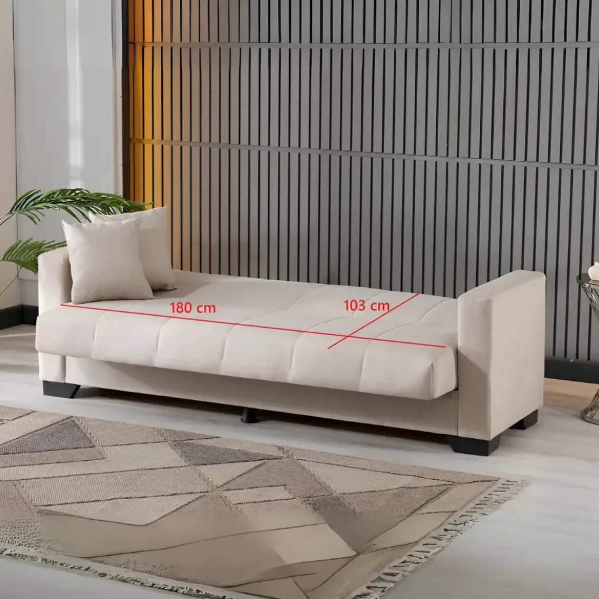 Divano Letto 3 Posti in Tessuto Crema con Contenitore 213x81x83 cm