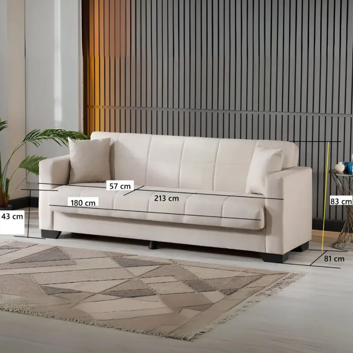 Divano Letto 3 Posti in Tessuto Crema con Contenitore 213x81x83 cm